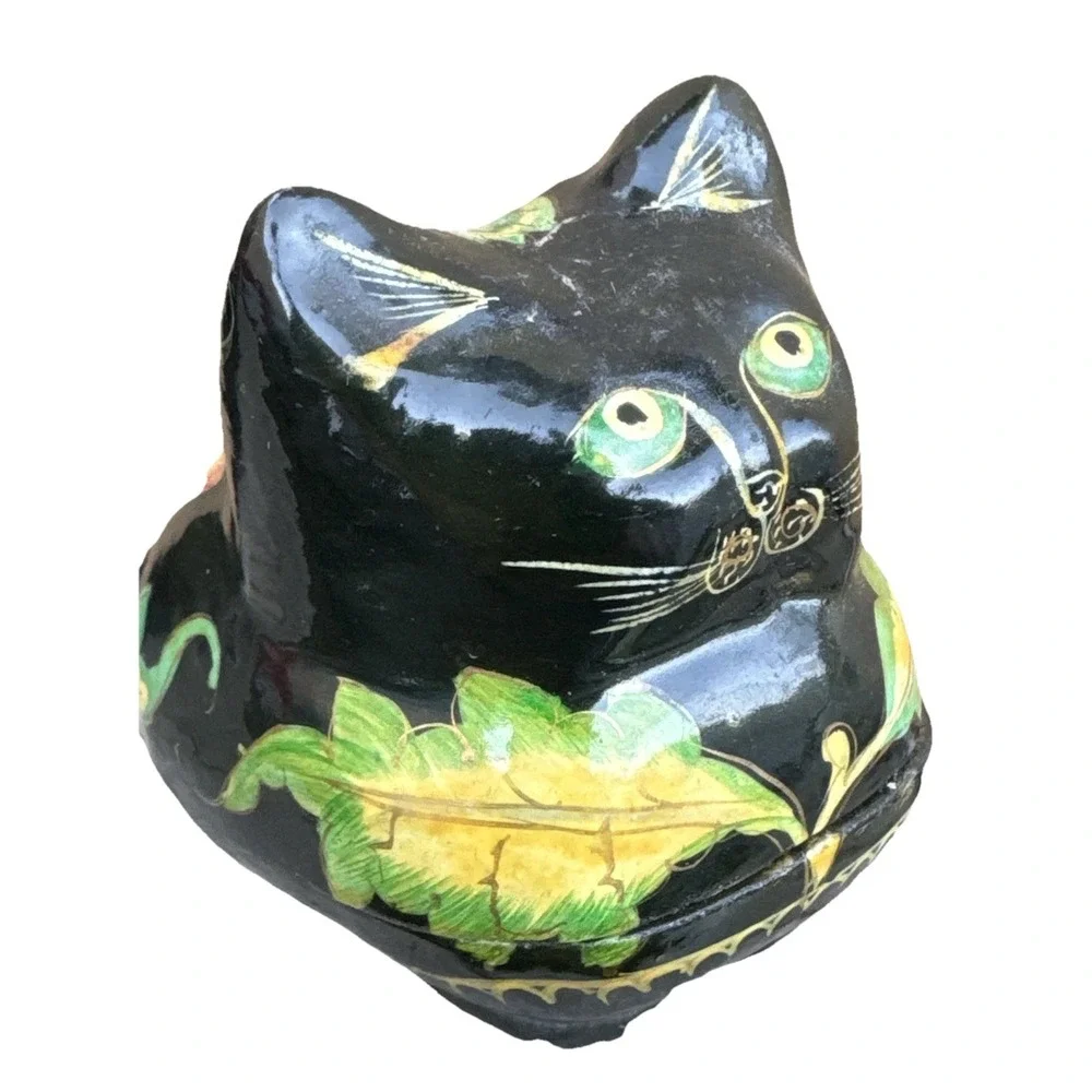 Vintage Black Kitty Cat Laquer Mini Trinket Dish Ring Box Painted Flowers Floral